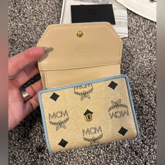 MCM Visetos Trifold Beige and blue Leather Wallet - Picture 7 of 14